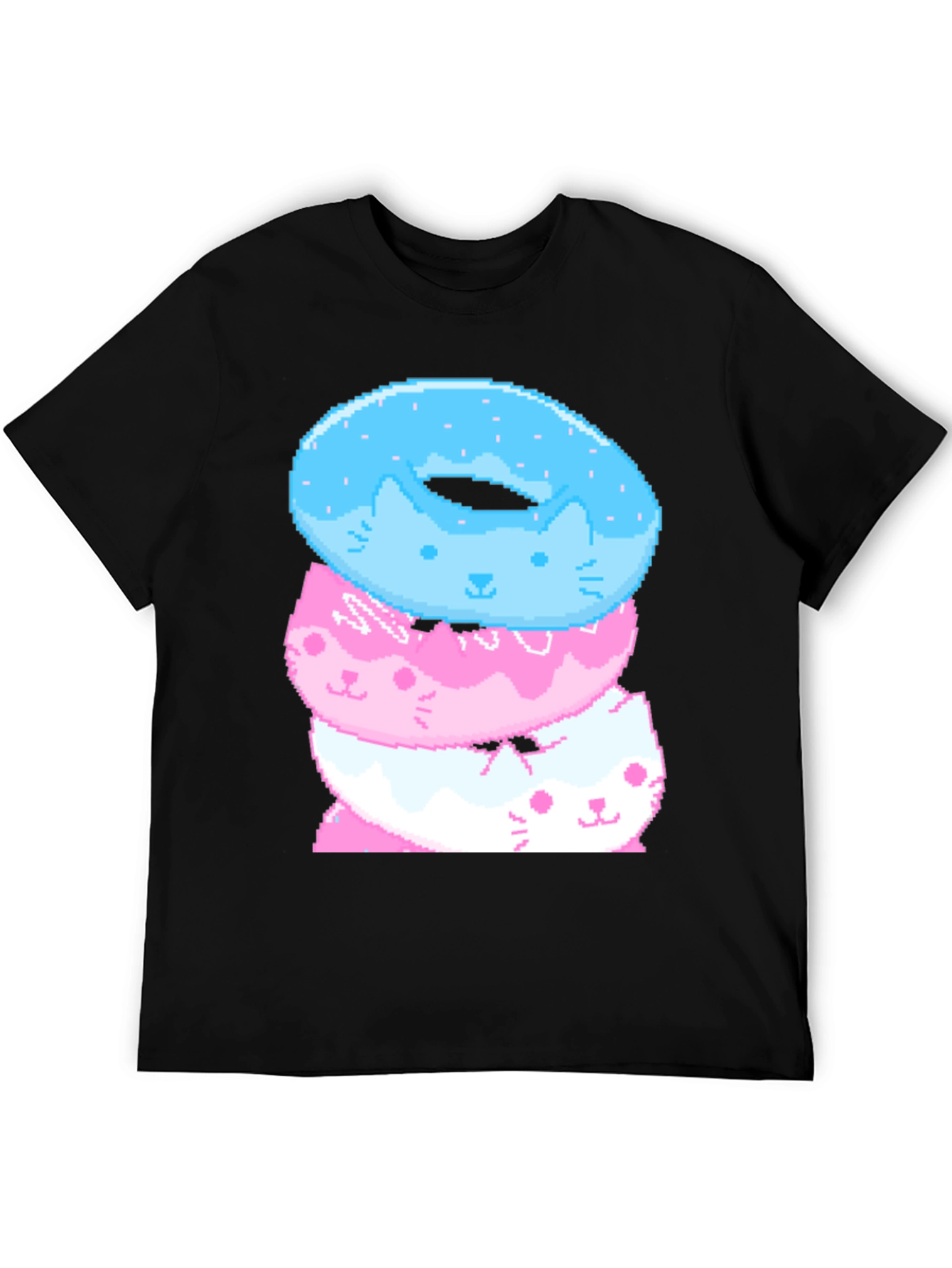 Pixel Cat Donut Stack Black T-Shirt