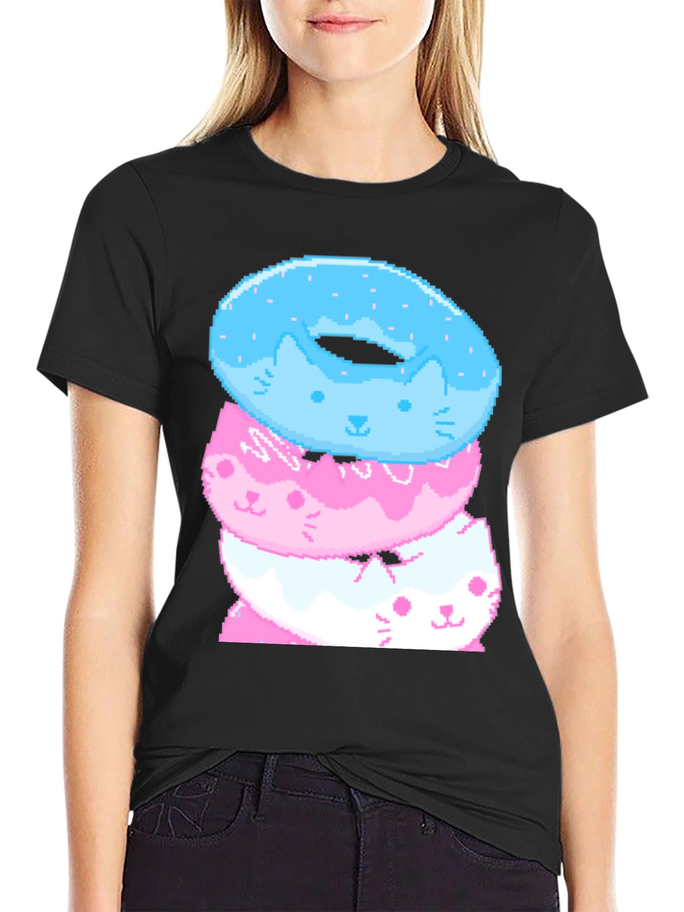Pixel Cat Donut Stack Black T-Shirt