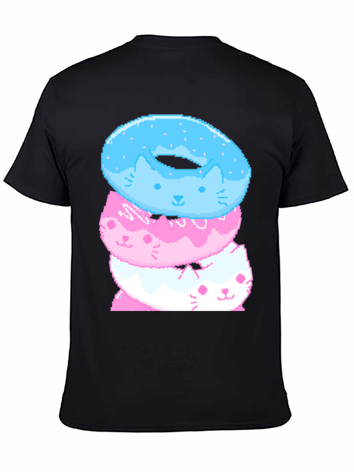 Pixel Cat Donut Stack Black T-Shirt