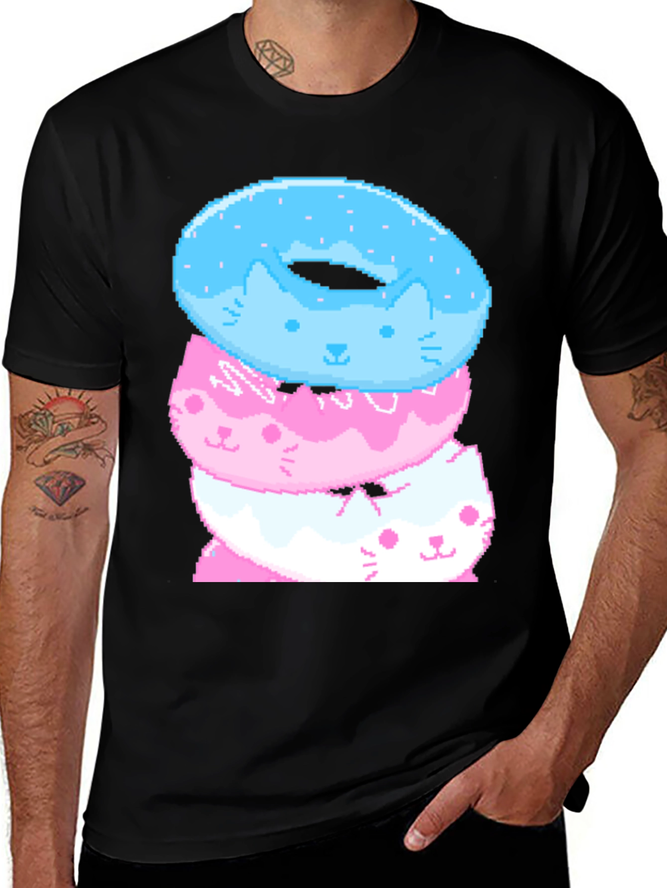 Pixel Cat Donut Stack Black T-Shirt