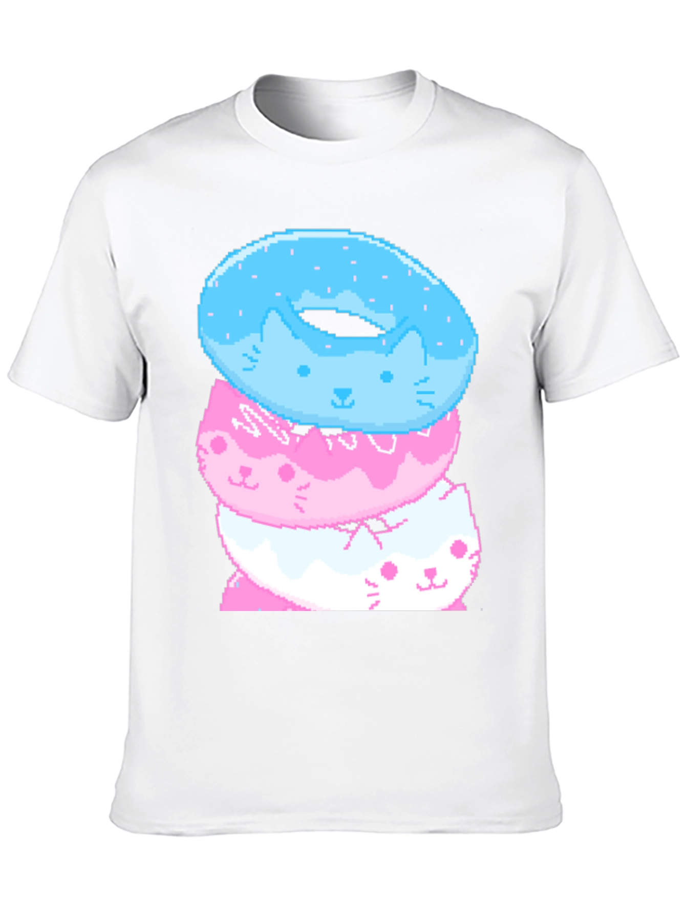 Pixel Cat Donut Stack Black T-Shirt