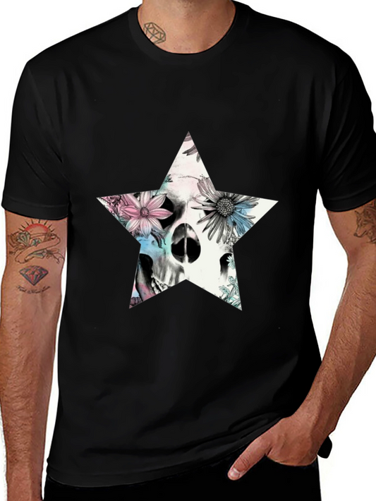 Floral Skull Star Graphic T-Shirt - Black