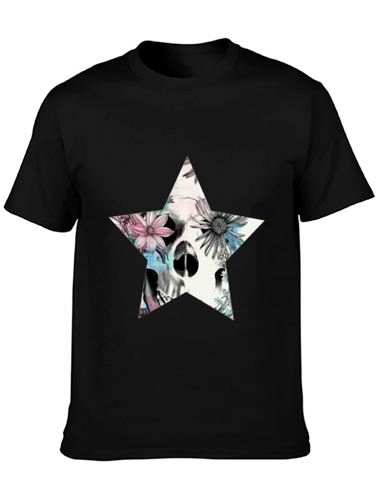 Floral Skull Star Graphic T-Shirt - Black