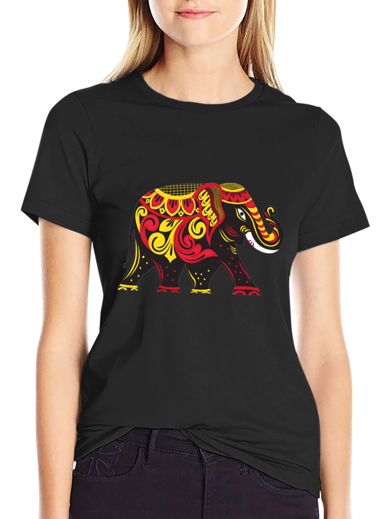 Black T-Shirt with Ornate Elephant Graphic
