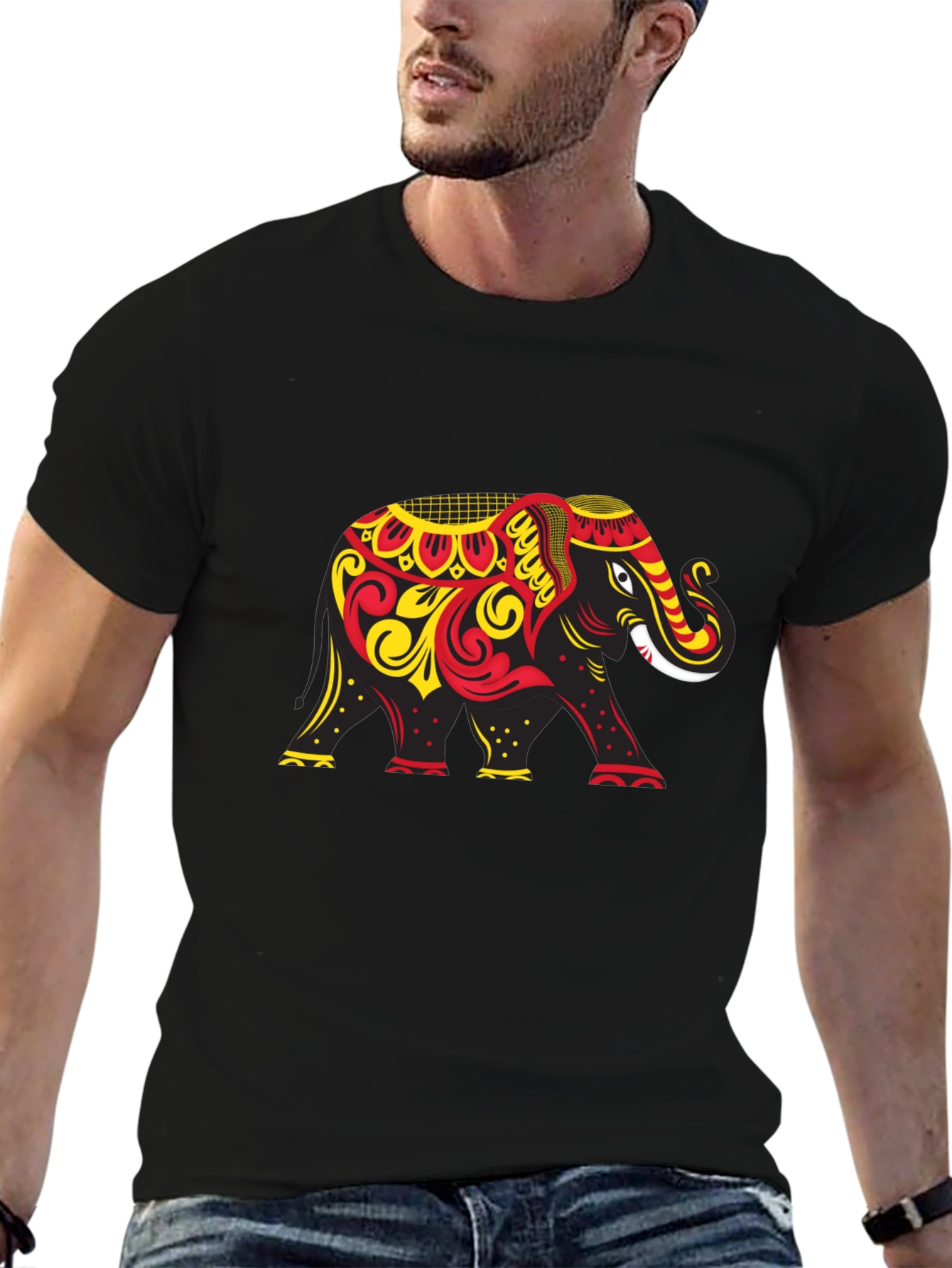 Black T-Shirt with Ornate Elephant Graphic