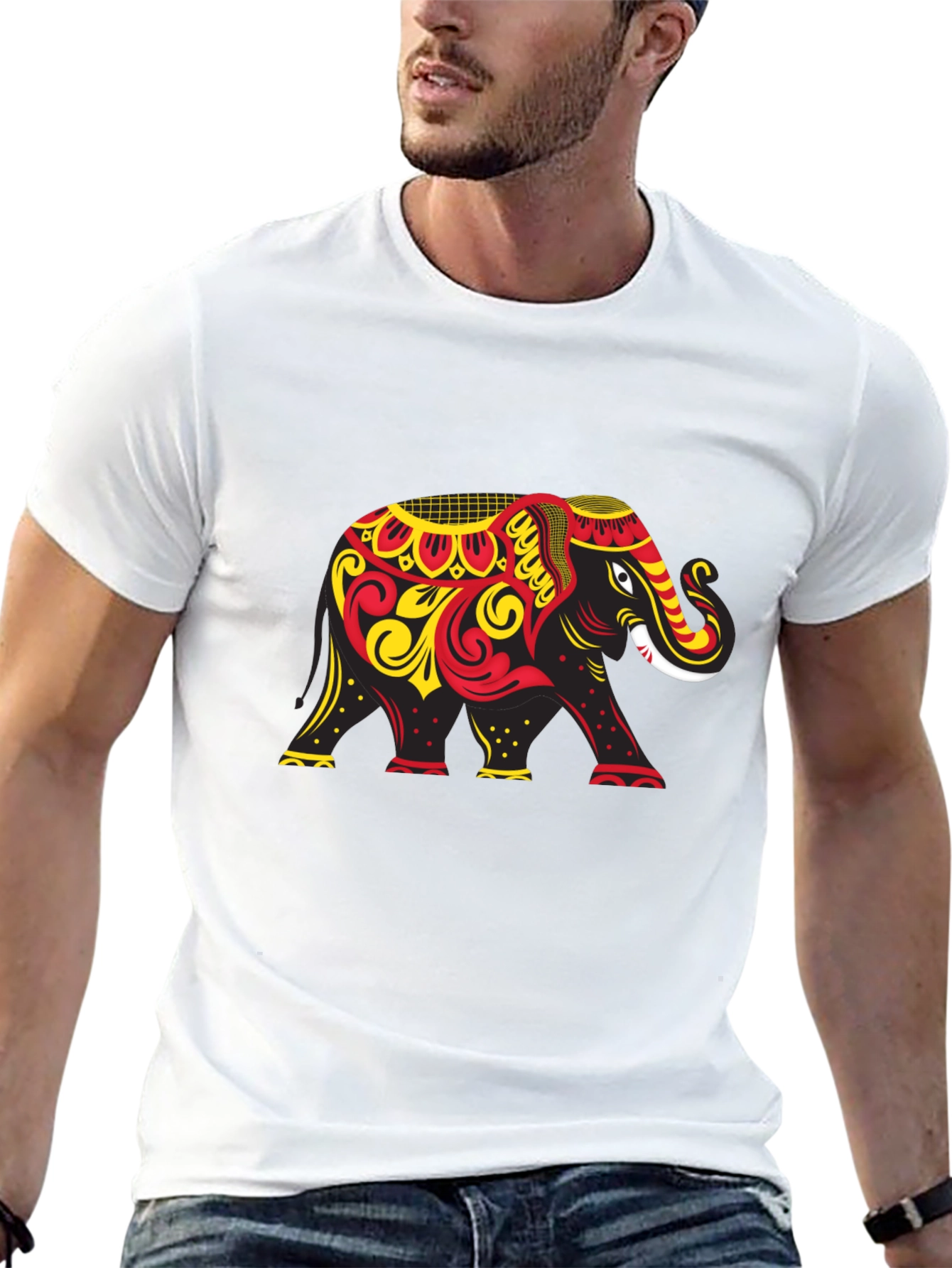 Black T-Shirt with Ornate Elephant Graphic