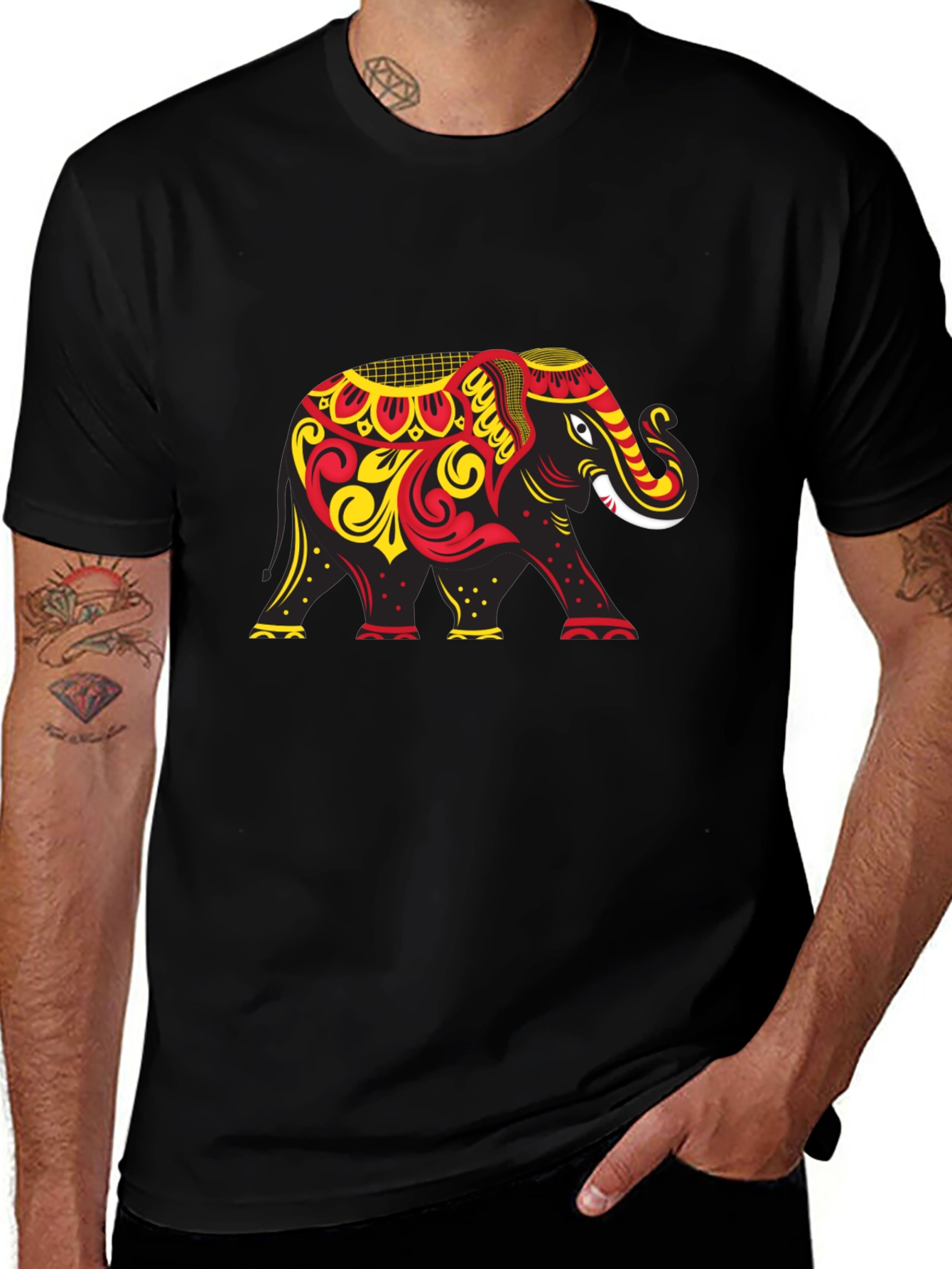 Black T-Shirt with Ornate Elephant Graphic