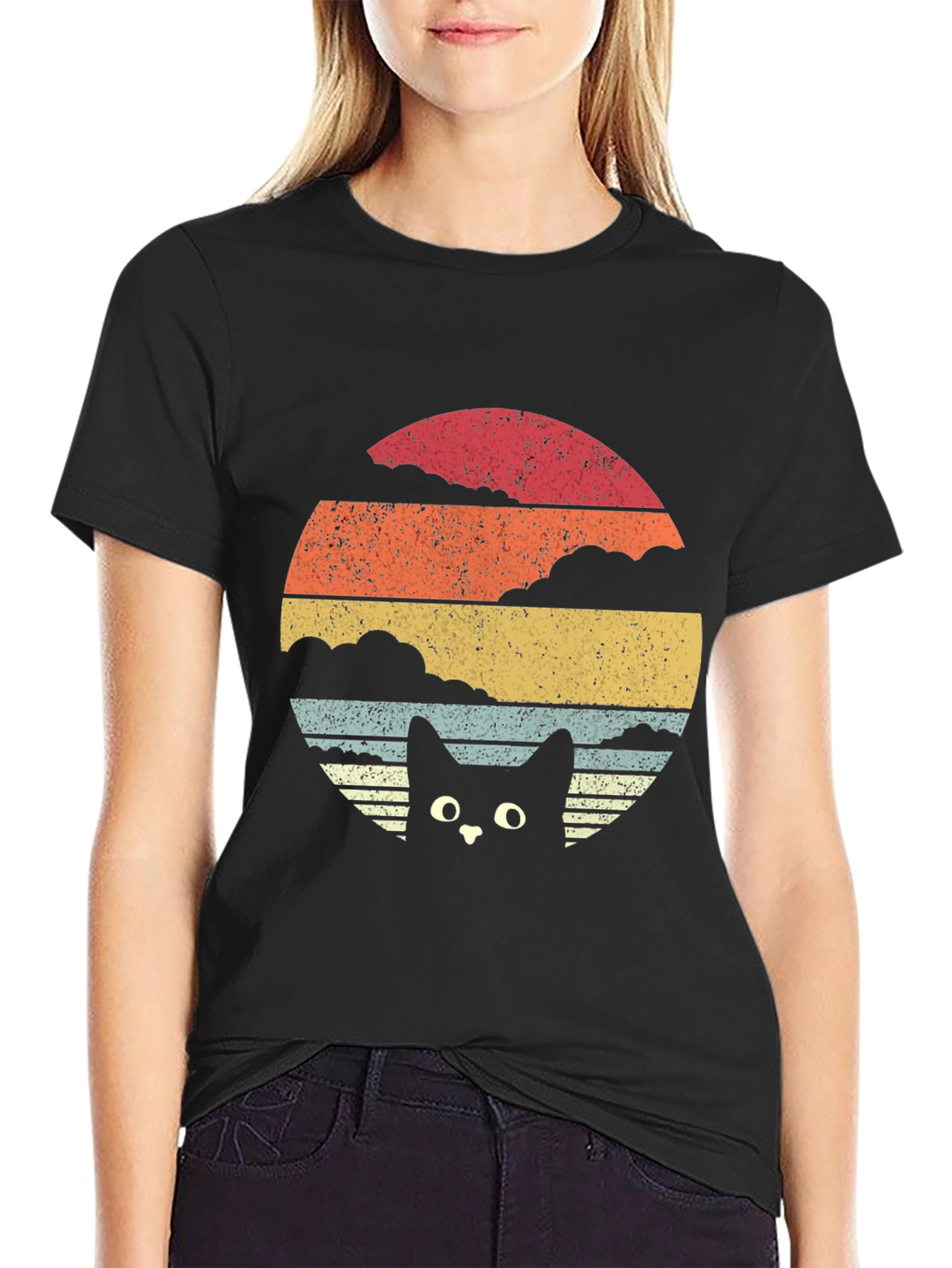 Retro Cat Sunset T-Shirt - Black