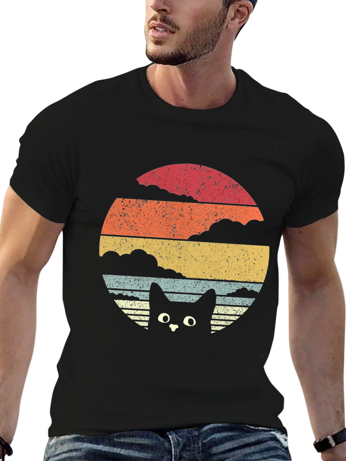 Retro Cat Sunset T-Shirt - Black