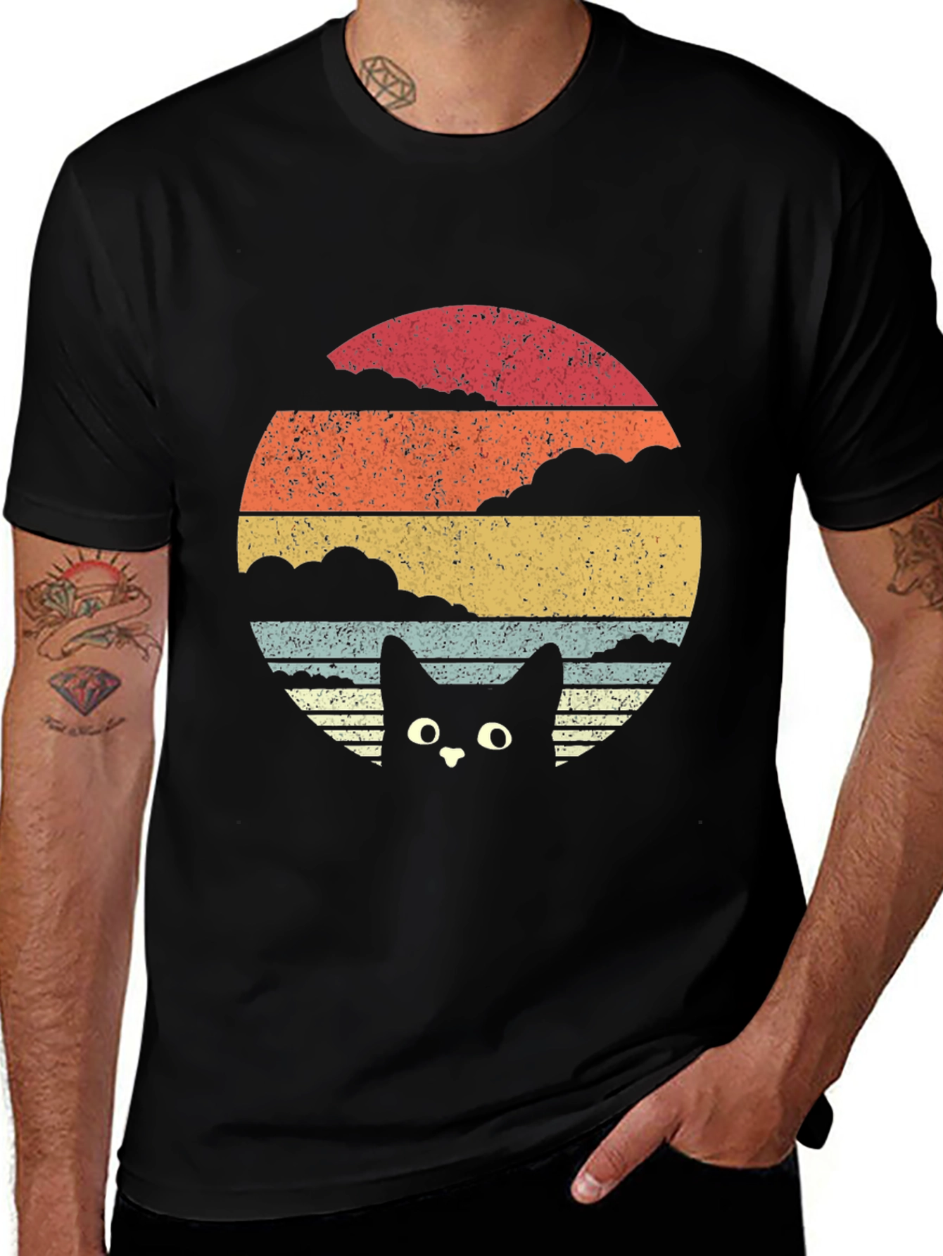 Retro Cat Sunset T-Shirt - Black