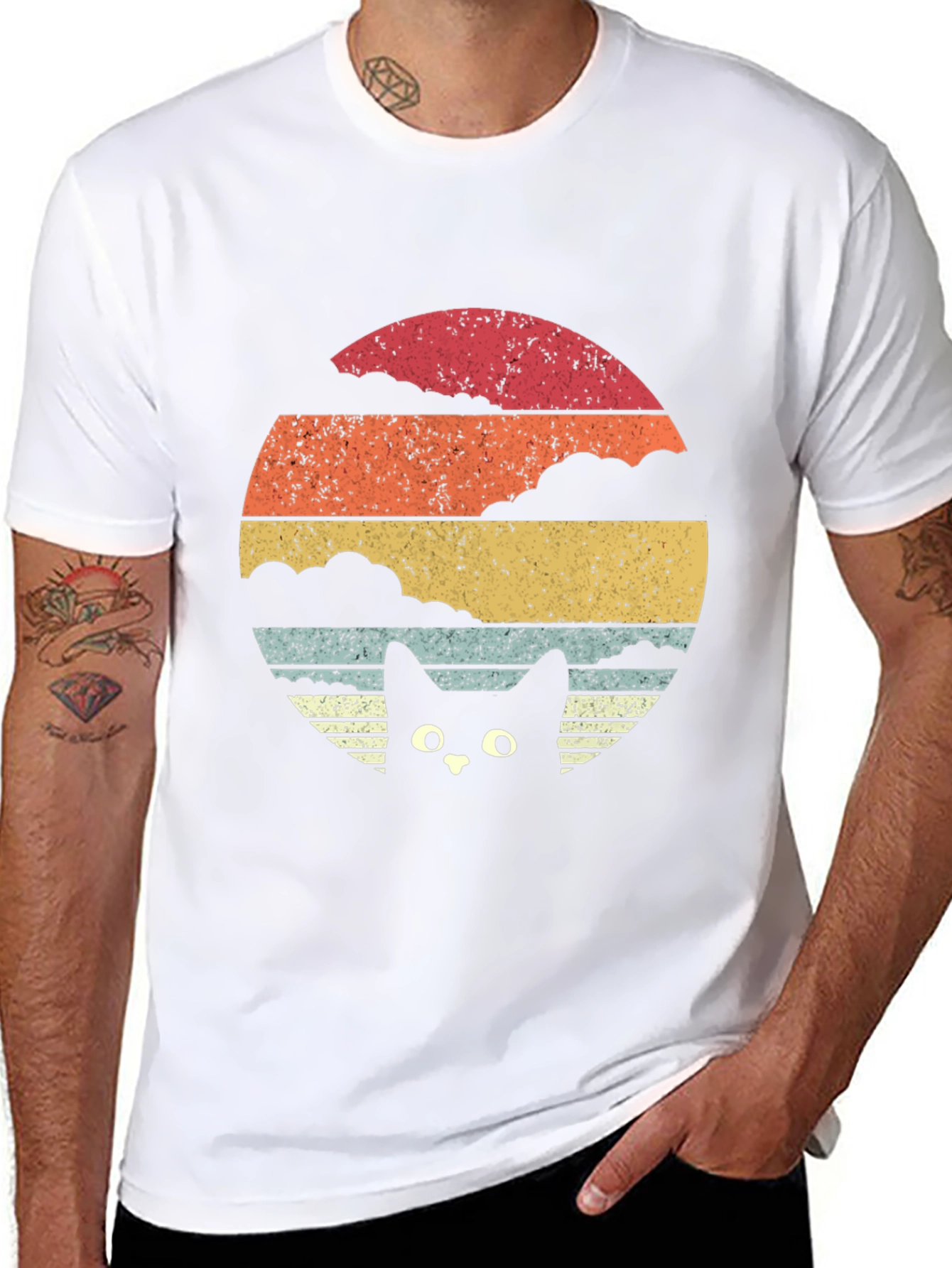 Retro Cat Sunset T-Shirt - Black