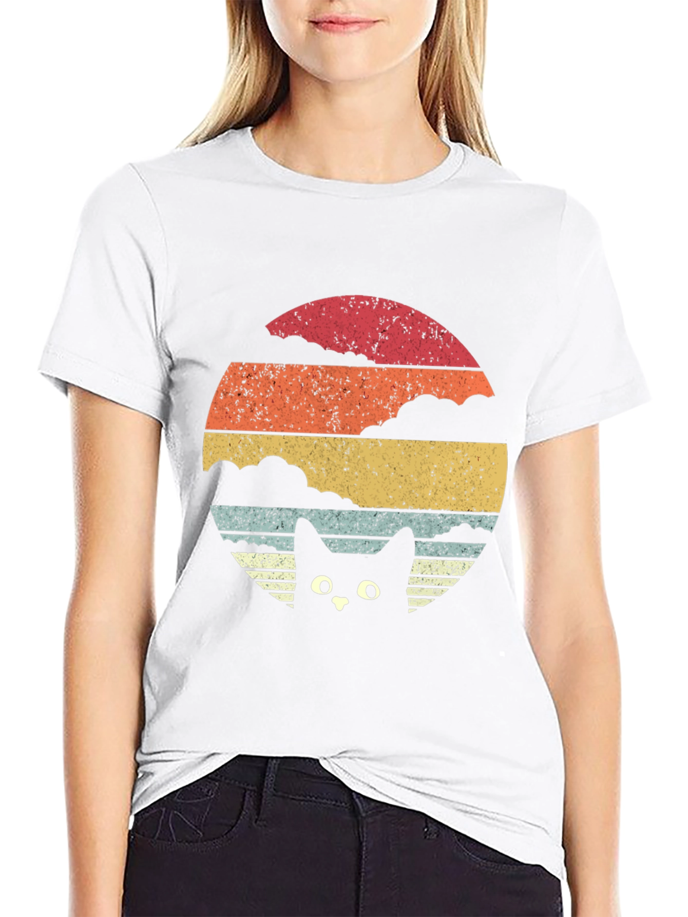 Retro Cat Sunset T-Shirt - Black