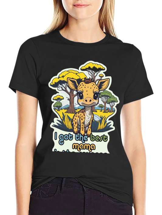 Cute Giraffe Best Mama Black T-Shirt