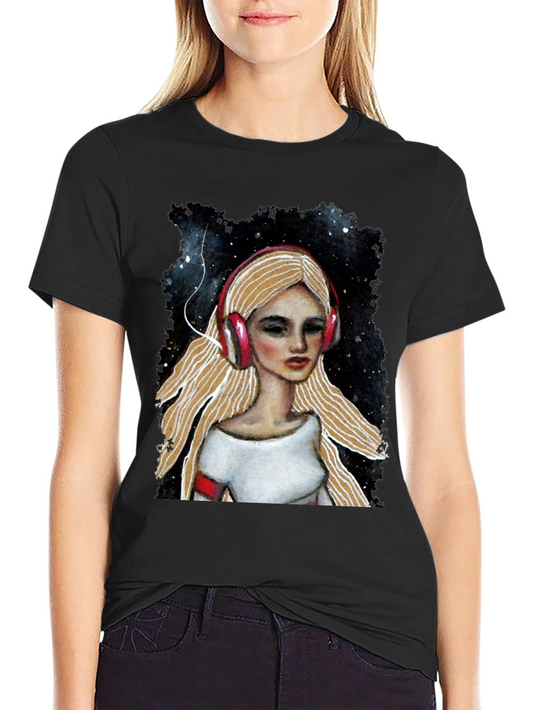Headphones Girl Black T-Shirt