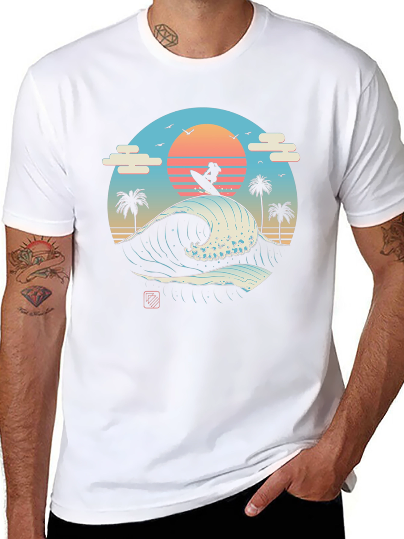 Surfer Wave Graphic Tee - Black Cotton T-Shirt