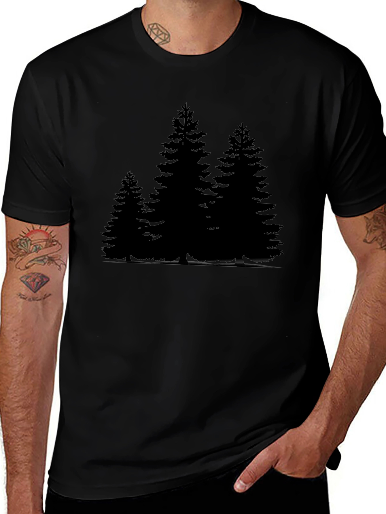 Mens Black T-Shirt with Forest Print
