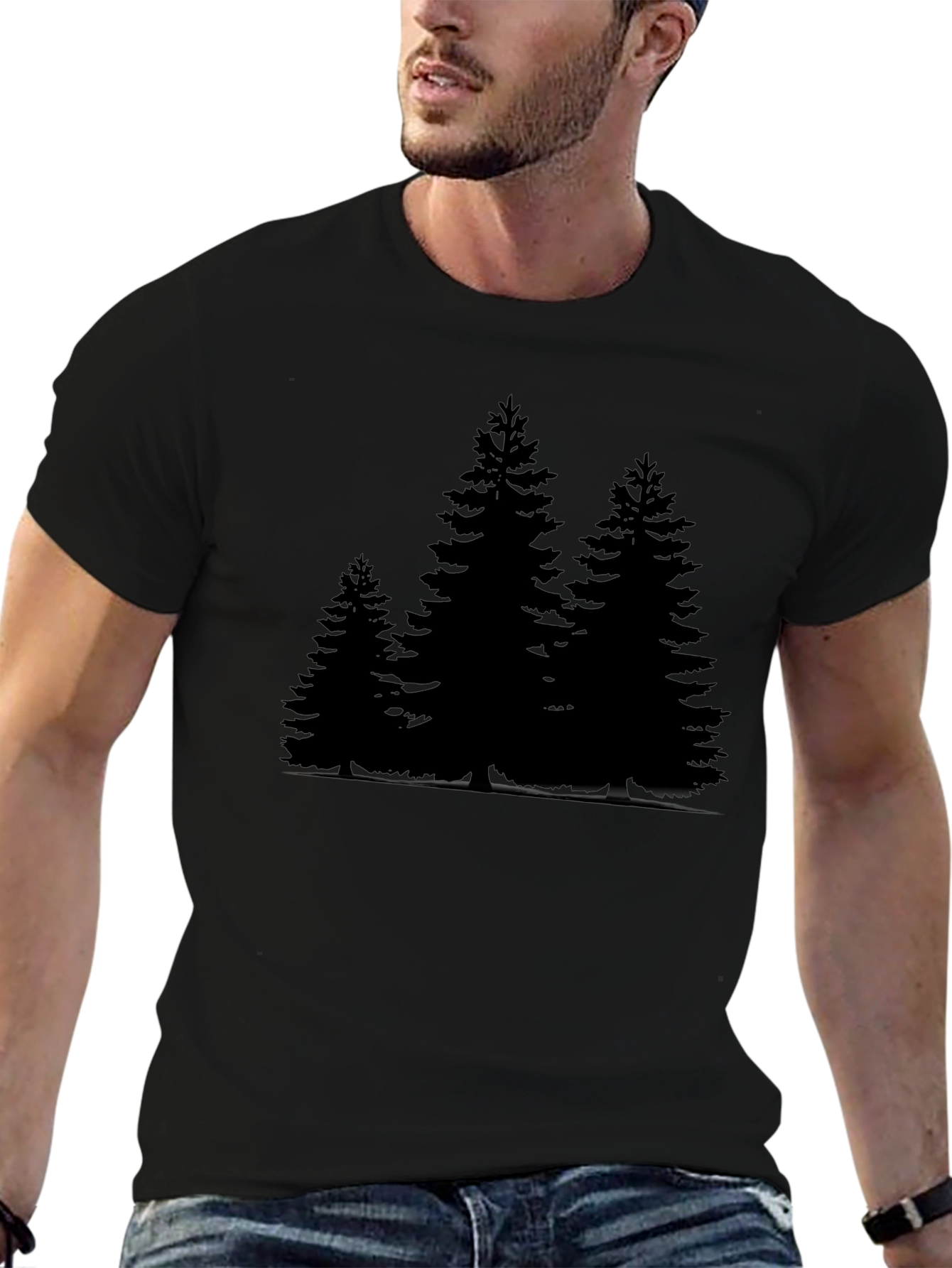 Mens Black T-Shirt with Forest Print