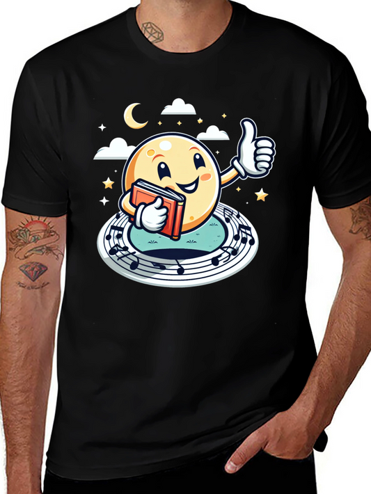 Cartoon Moon Music & Reading Black T-Shirt