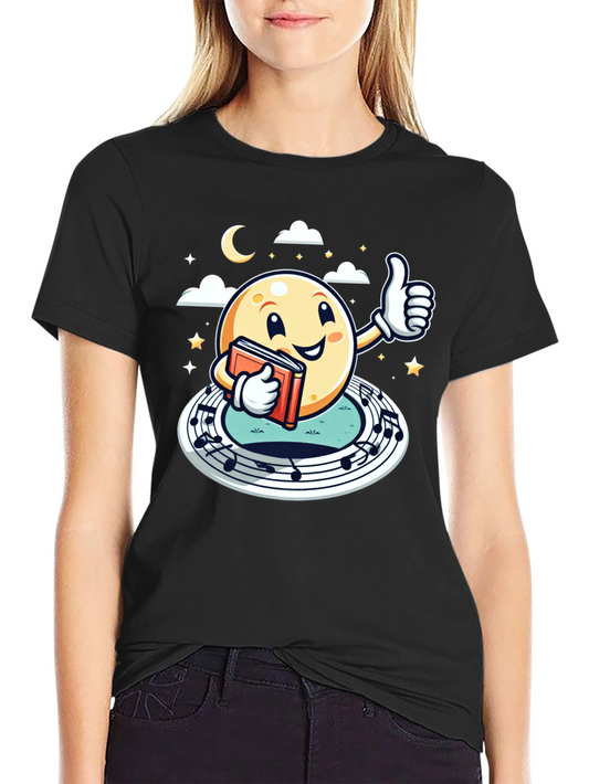 Cartoon Moon Music & Reading Black T-Shirt