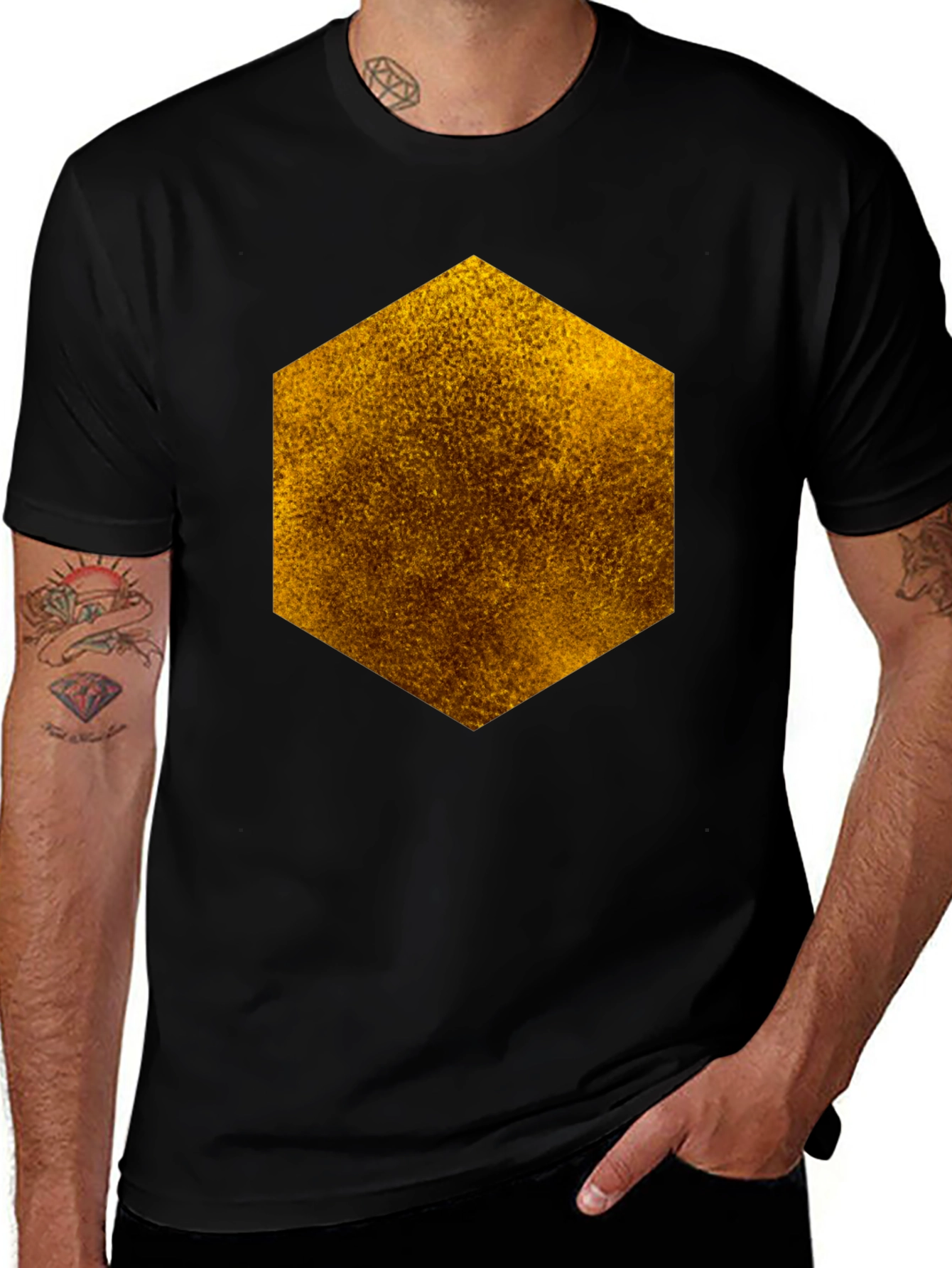 Textured Hexagon Graphic Tee - Black Cotton Casual