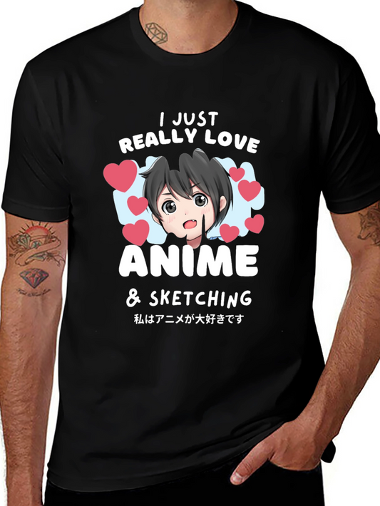 Anime Lovers Black T-Shirt: I Love Anime & Sketching