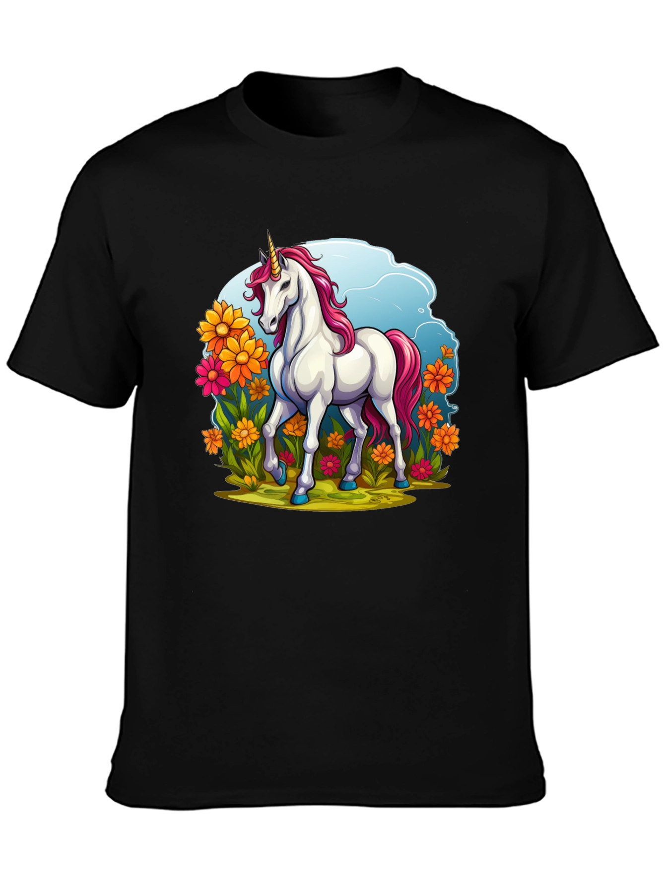 Unicorn in Flowers Black T-Shirt