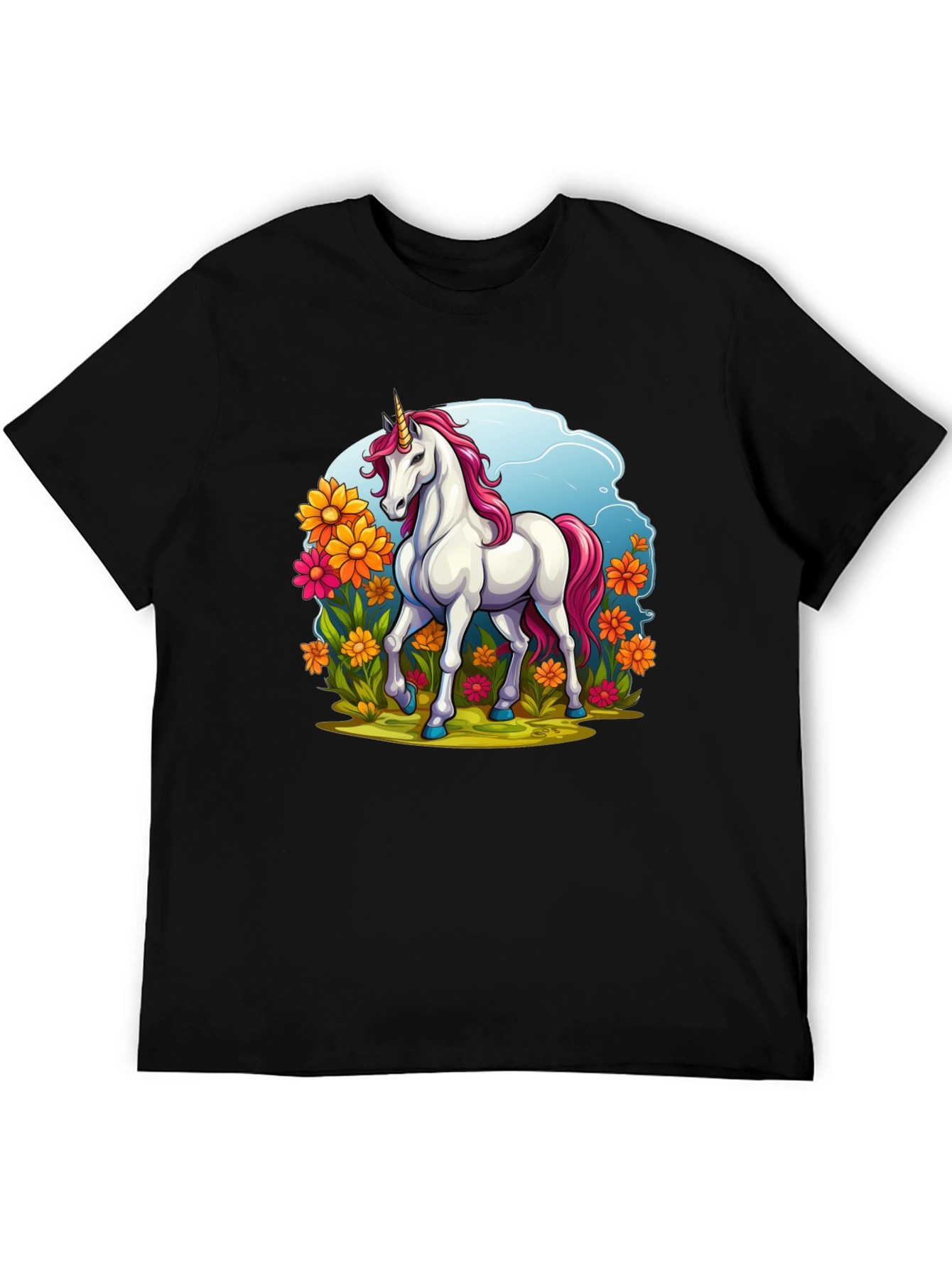 Unicorn in Flowers Black T-Shirt