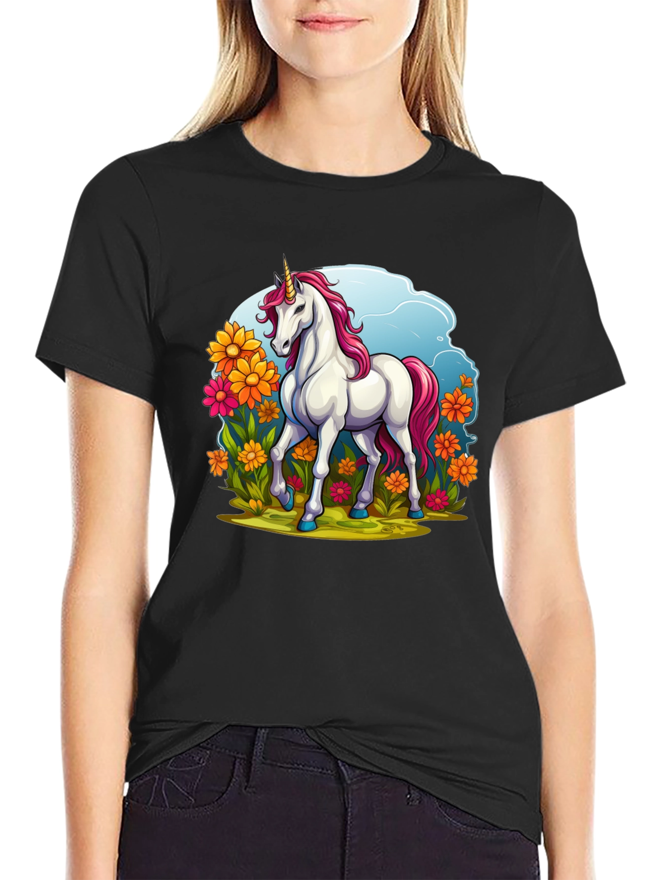 Unicorn in Flowers Black T-Shirt