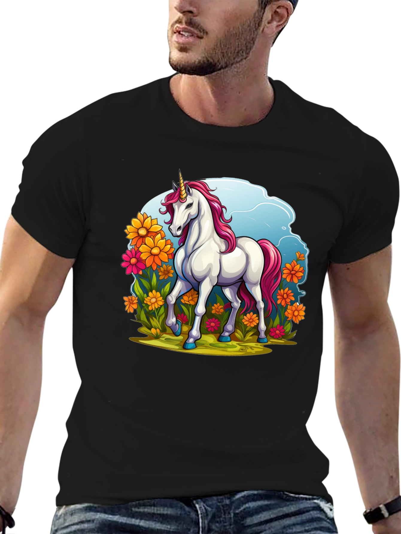 Unicorn in Flowers Black T-Shirt