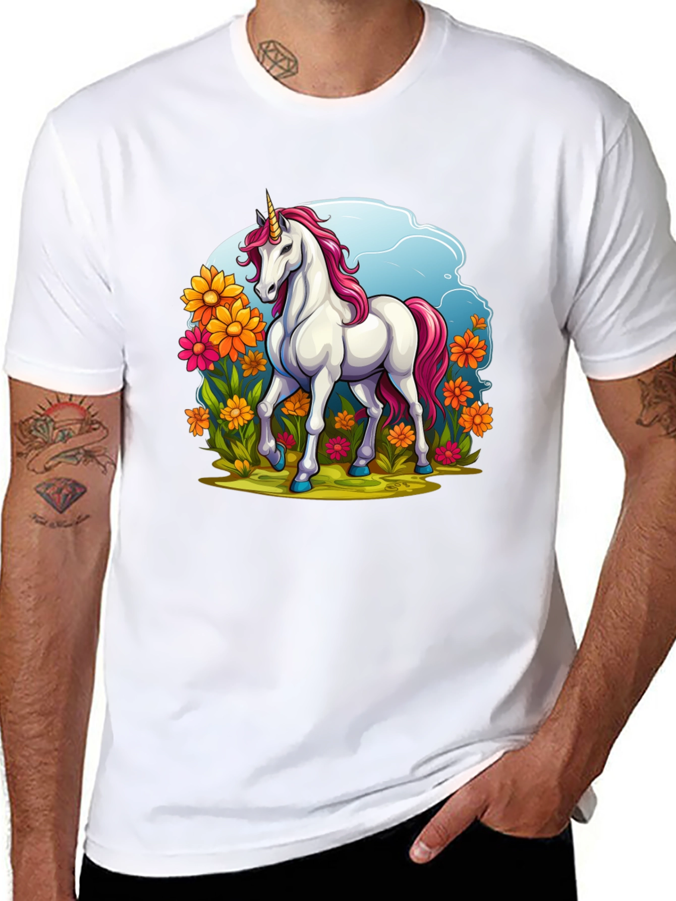 Unicorn in Flowers Black T-Shirt