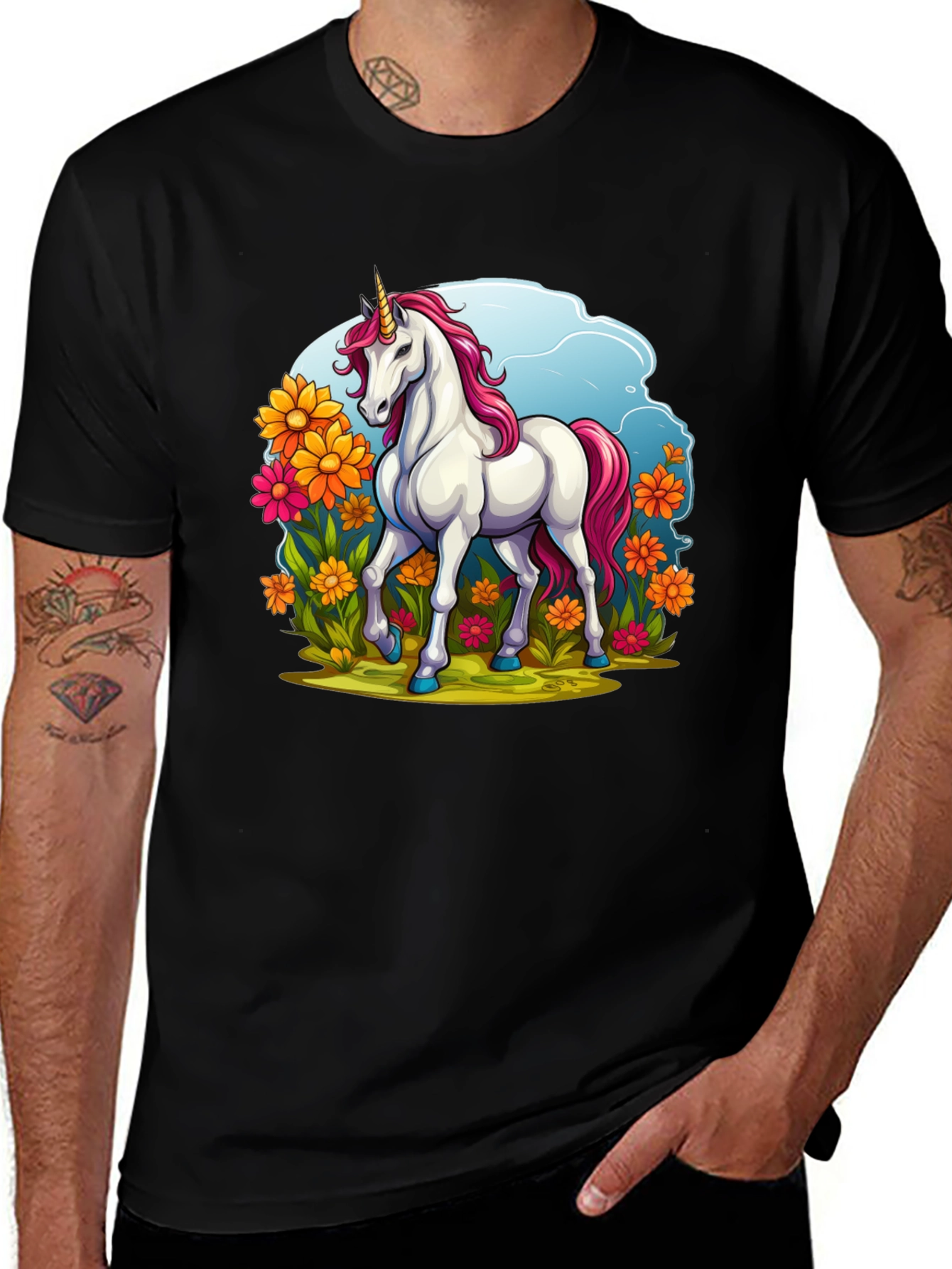 Unicorn in Flowers Black T-Shirt