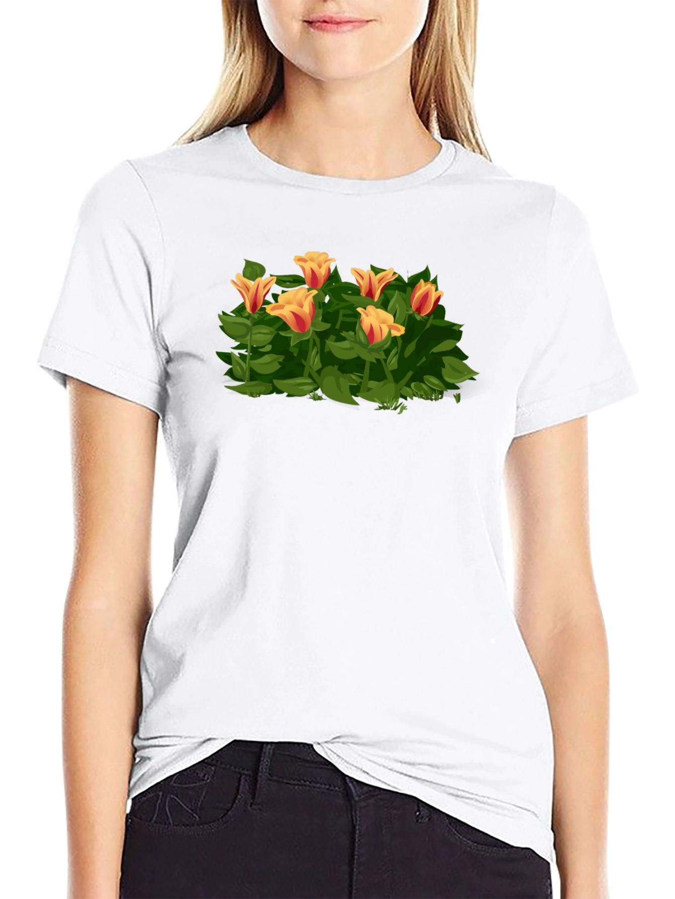 Floral Tulip Graphic Tee - Stylish Black T-Shirt