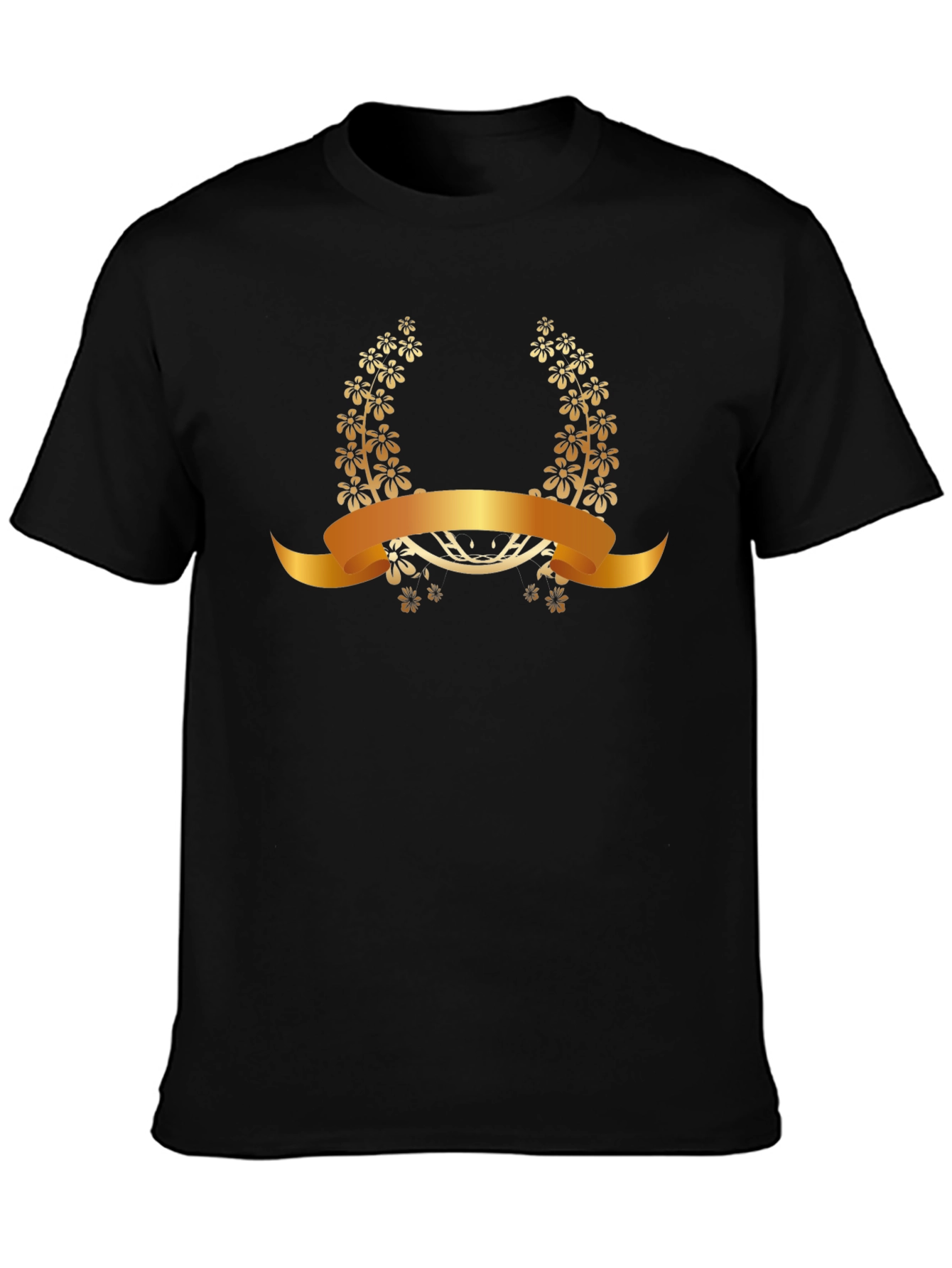 Elegant Floral Laurel Wreath Black T-Shirt