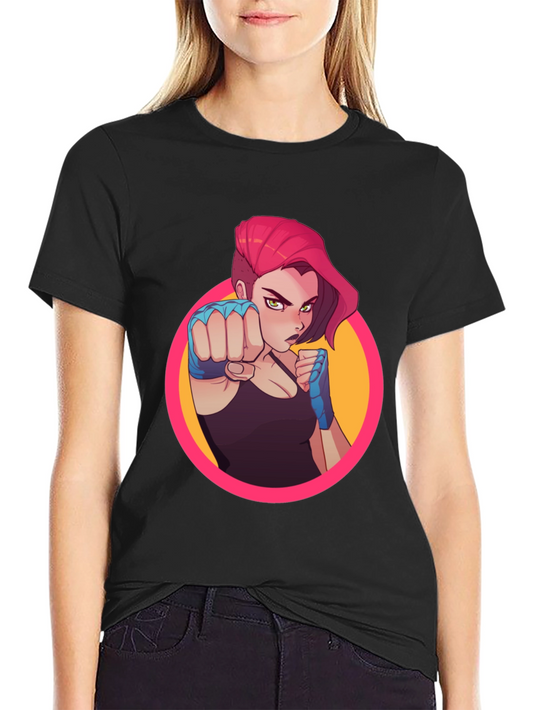 Fighter Girl Graphic Print Black T-Shirt