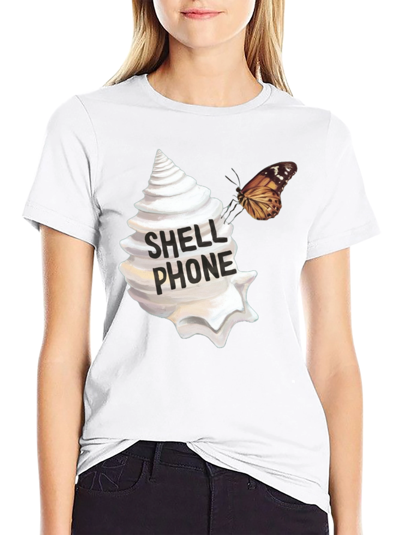 Shell Phone Graphic Tee - Unique Butterfly Design