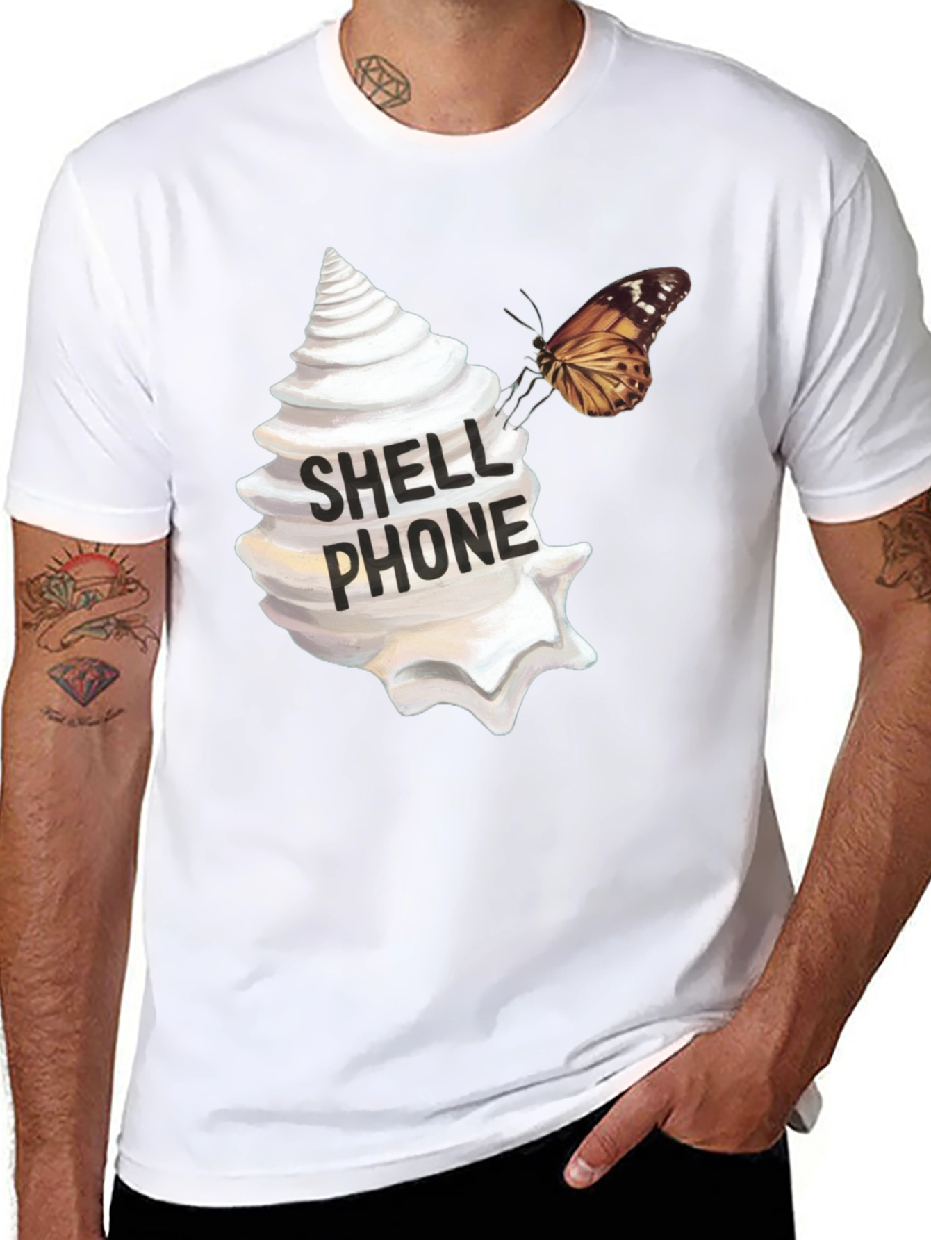 Shell Phone Graphic Tee - Unique Butterfly Design