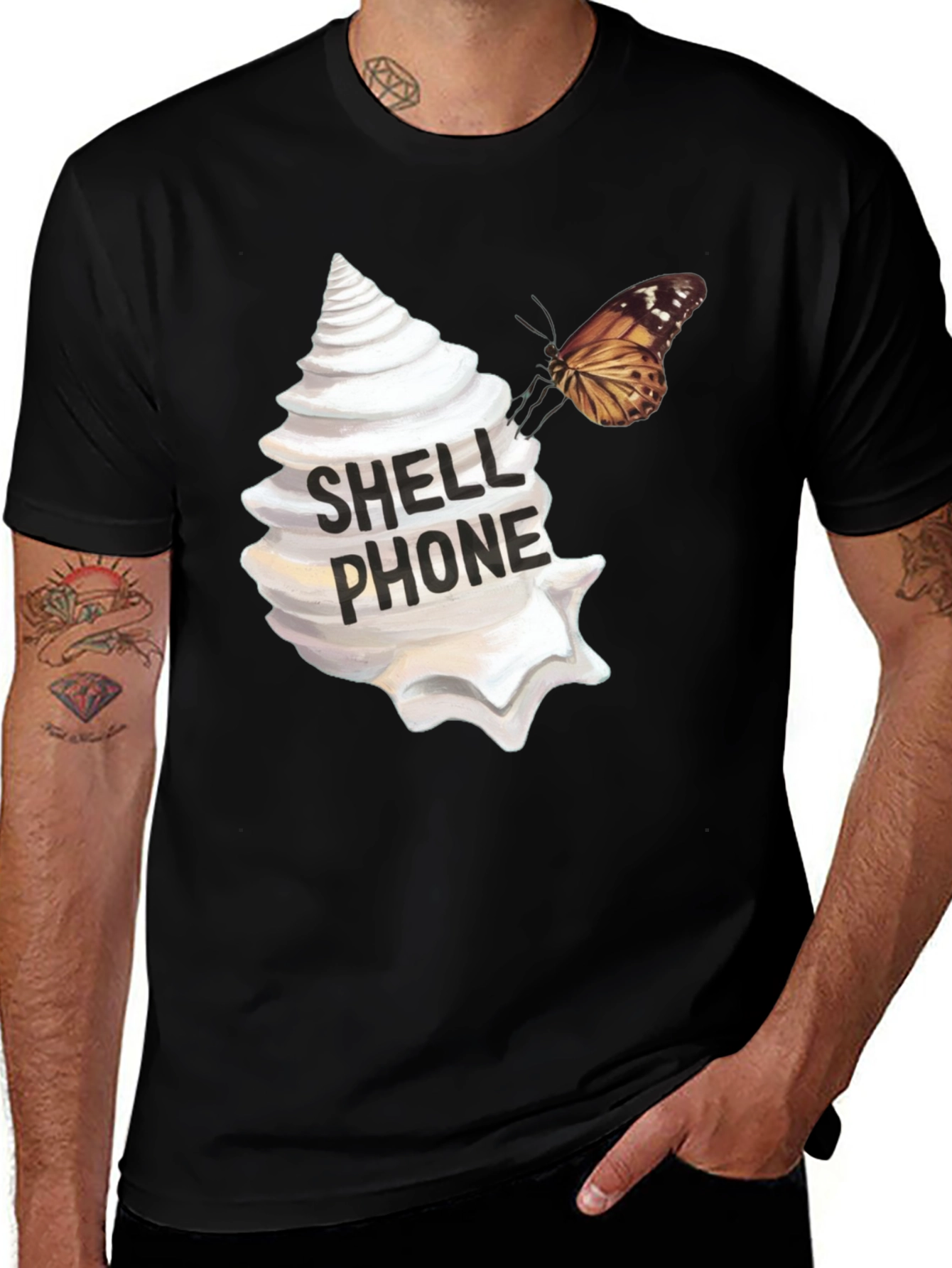 Shell Phone Graphic Tee - Unique Butterfly Design