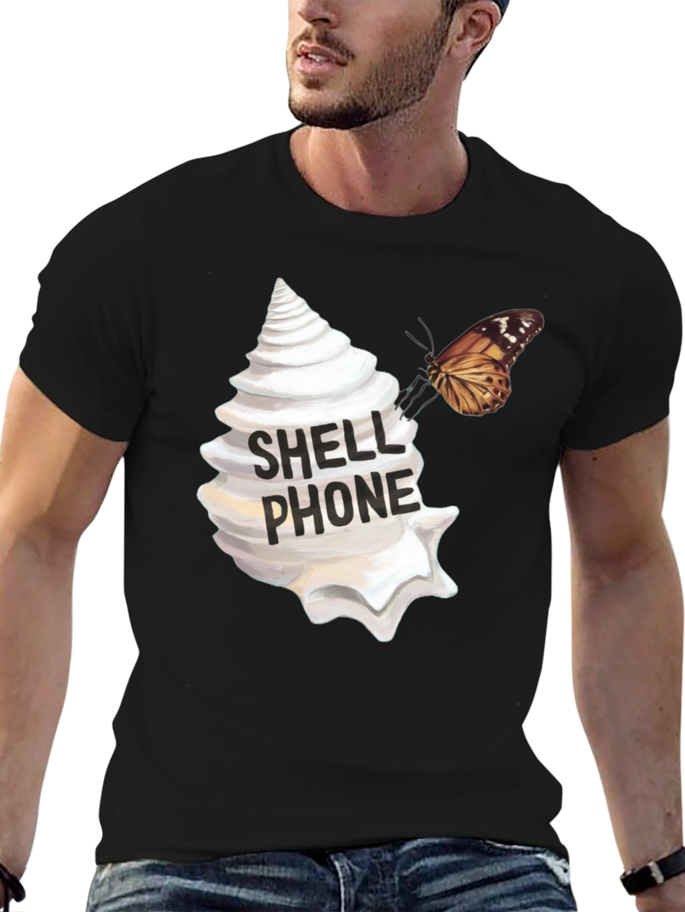 Shell Phone Graphic Tee - Unique Butterfly Design