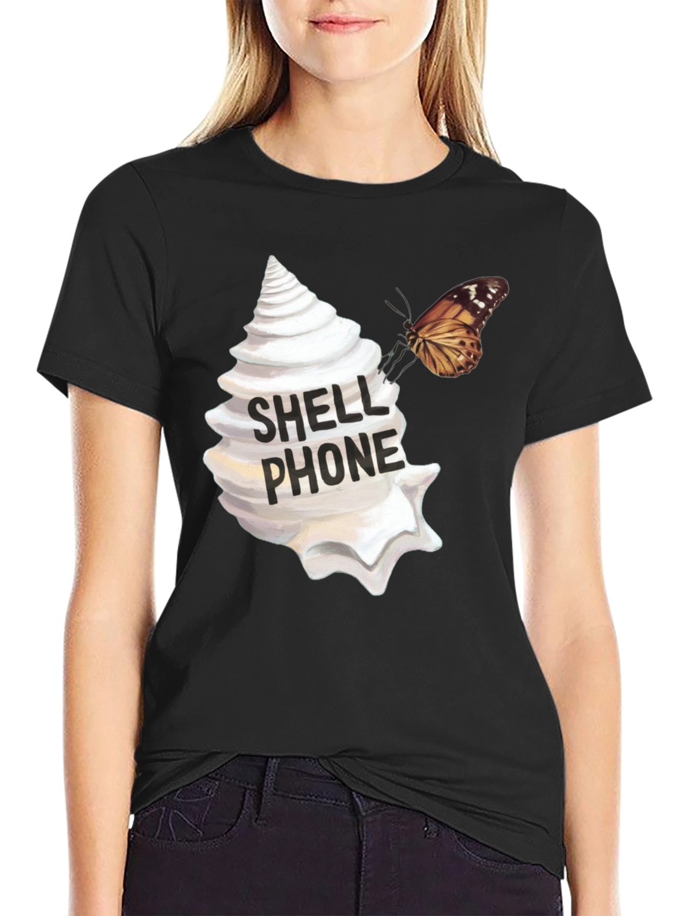 Shell Phone Graphic Tee - Unique Butterfly Design