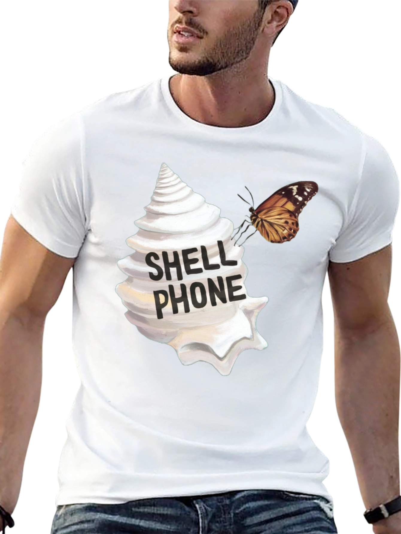 Shell Phone Graphic Tee - Unique Butterfly Design