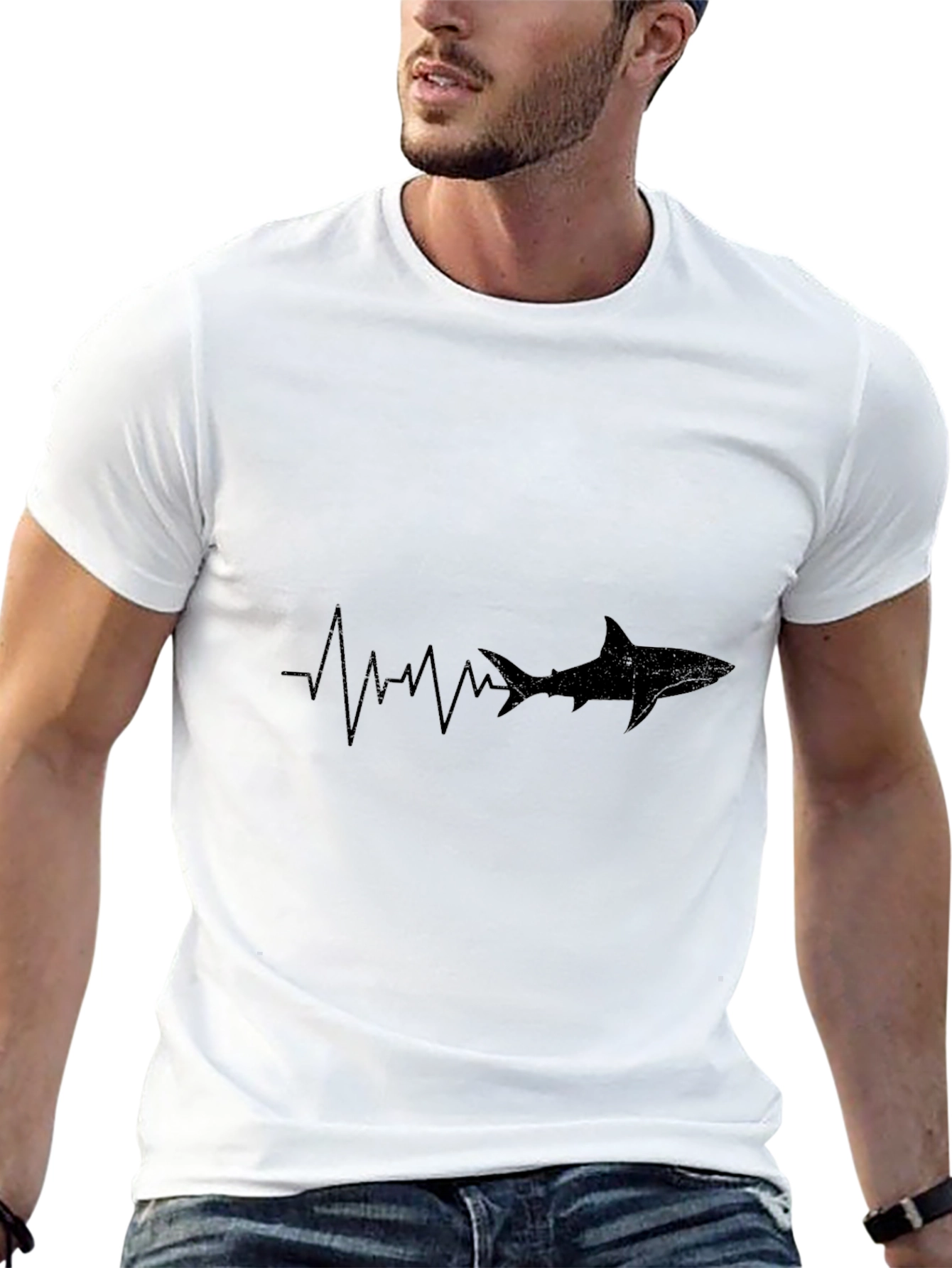 Shark Heartbeat Graphic Tee - Black Cotton Casual T-Shirt