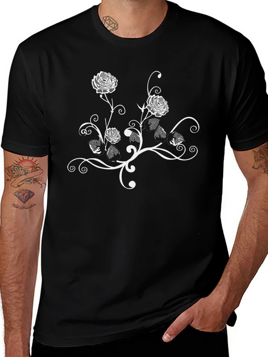 Floral Rose Vine Graphic Black T-Shirt