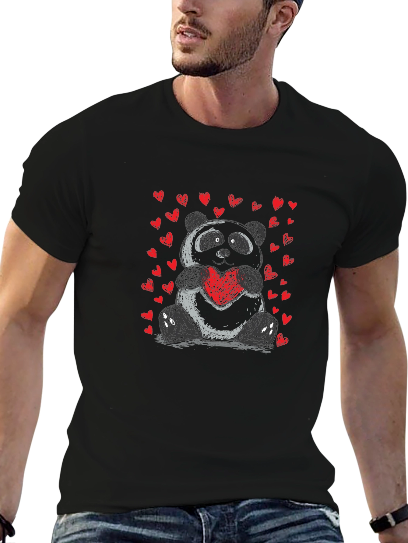 Cute Panda Heart Graphic T-Shirt - Soft Black Tee