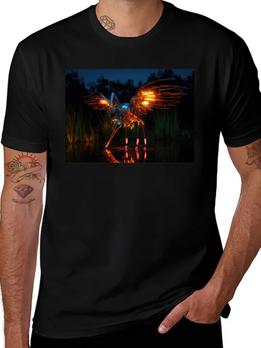 Glowing Robotic Bird on Black T-Shirt
