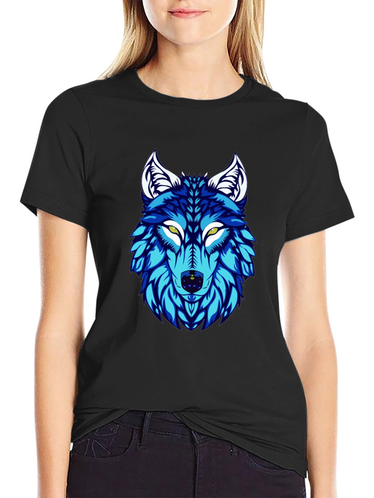 Blue Wolf Graphic Print Black T-Shirt