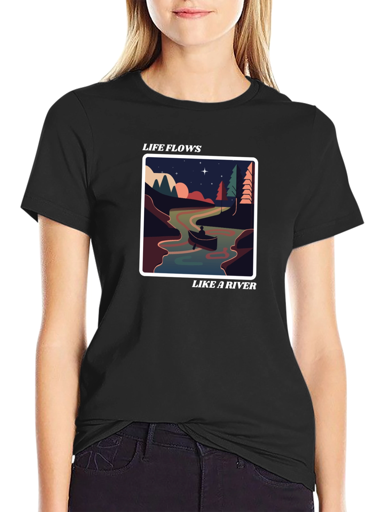 Life Flows Like a River Graphic Tee - Black