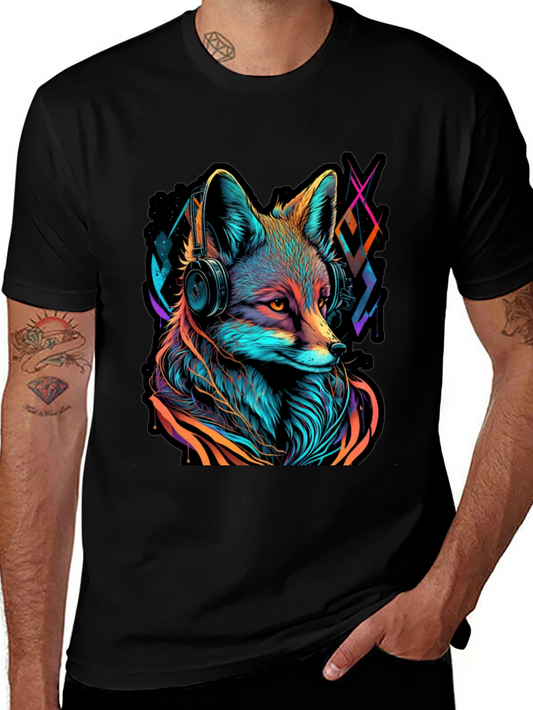 Fox Headphones Graphic T-Shirt - Colorful Neon Style