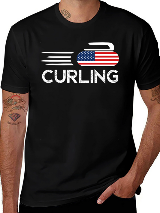 Curling USA Flag T-Shirt Patriotic Sport Tee