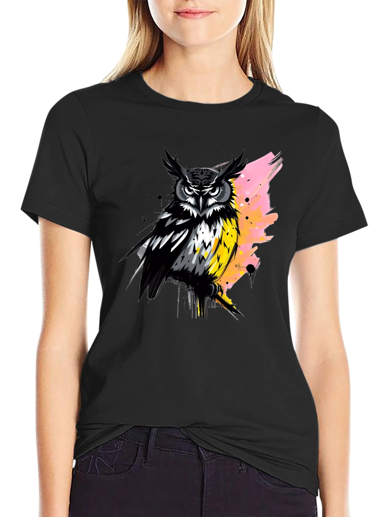 Owl Graphic Print Black T-Shirt