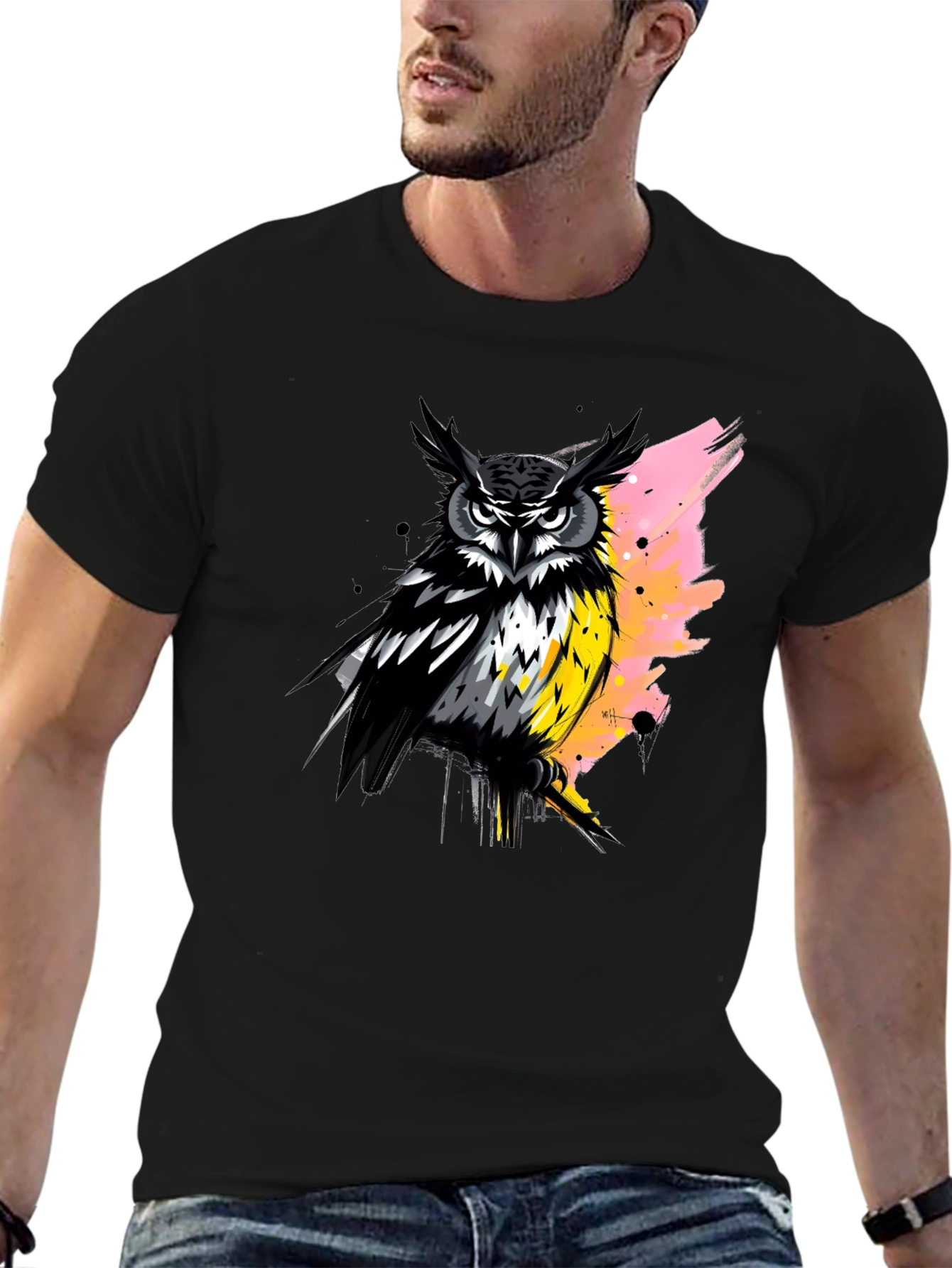 Owl Graphic Print Black T-Shirt